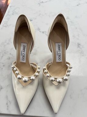 Jimmy Choo Aurelie Latte Leather Pumps with Pearl Embellishment